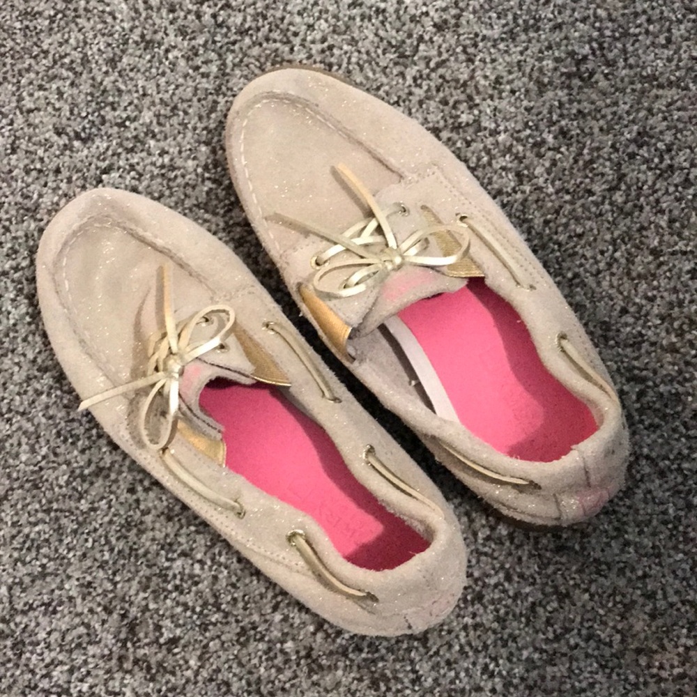 Sperry slip on boat shoes - tan glitter and gold